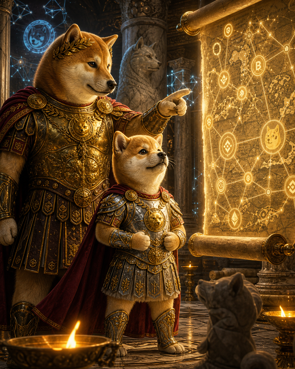 Dogeus Maximus teaching Dogeus Minimus from a glowing blockchain map
