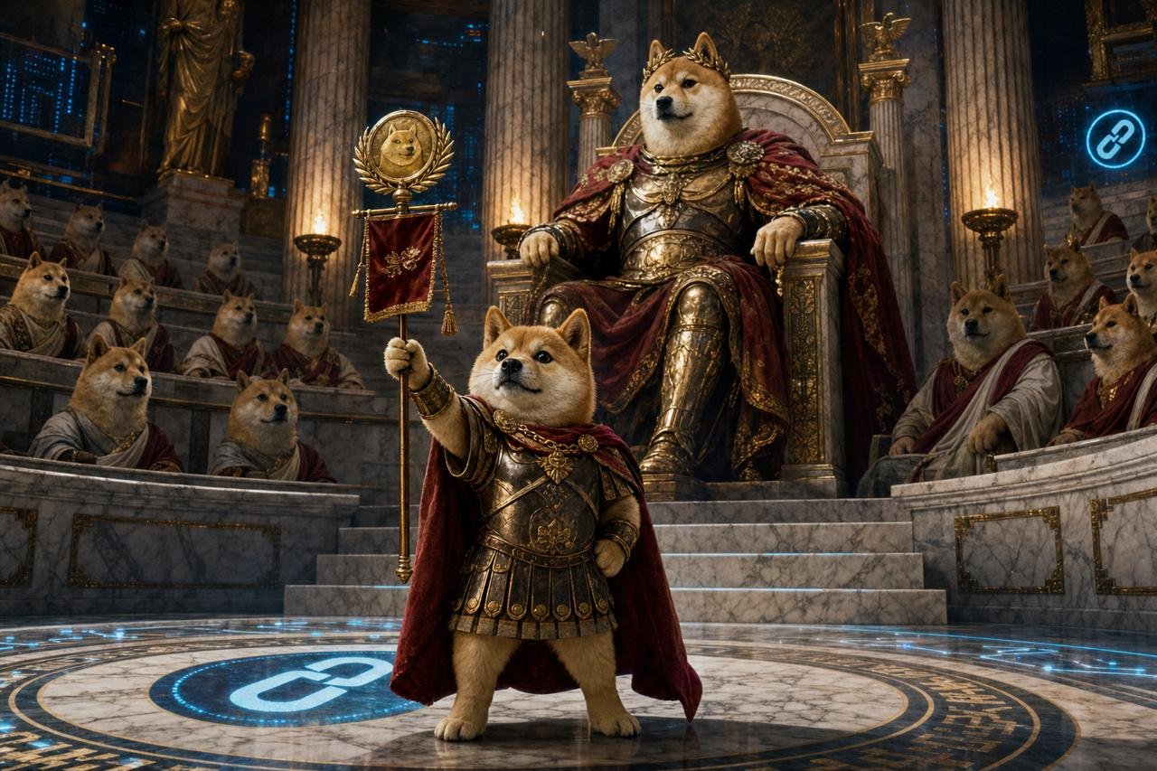 Dogeus Minimus holding a standard before Dogeus Maximus and the senate