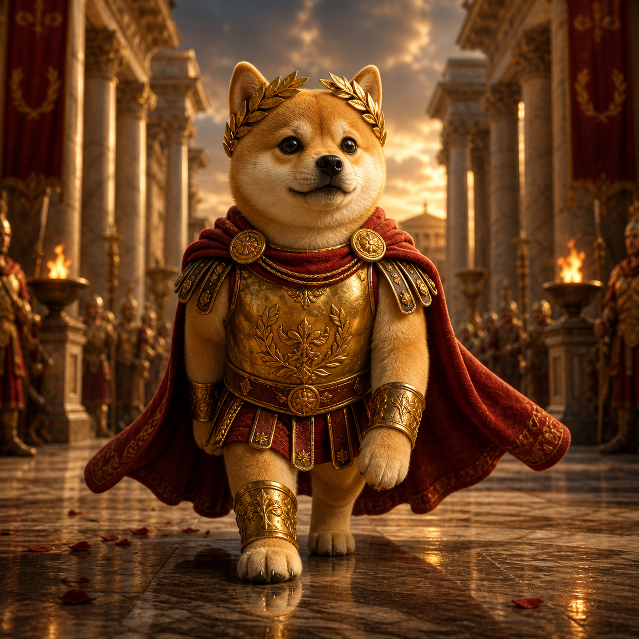 Dogeus Minimus walking through a Roman forum in gold armor