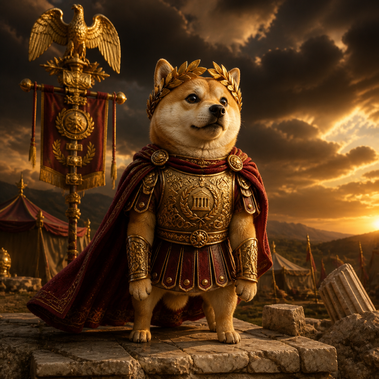 Dogeus Minimus before a golden imperial standard at sunset